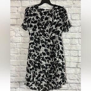 Evie Womens Black White Floral Ruffle Faux Wrap Dress Size Large